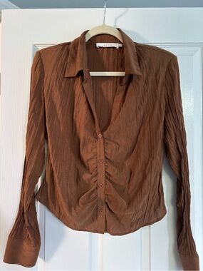 Astr Coffee Brown Crinkle Button-Front Blouse
